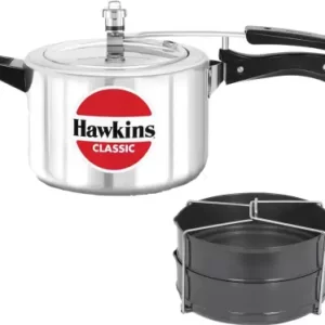 Hawkins Classic 5 Ltr Silver Pressure Cooker With Hard Anodised 2 Pc Separater Cooker Dabba and Stand 5 L Pressure Cooker (Aluminium)