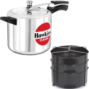 Hawkins Classic Pressure Cooker With Hard Anodised 3 Pc Separater Cooker Dabba and Stand 6.5 L Pressure Cooker (Aluminium)